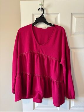 V-Neck Tiered Peasant Tunic in Fuchsia
